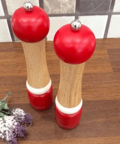 Ahşap Değirmen İkili Tuz Karabiber Baharat Değirmeni 17cm Kırmızı Tuzluk Baharatlık