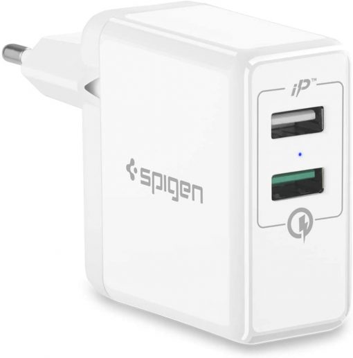 Spigen F207 Essential 30W Hızlı Şarj Cihazı 2 Port USB Qualcomm 3.0 18W + iP  12W Duvar Şarjı