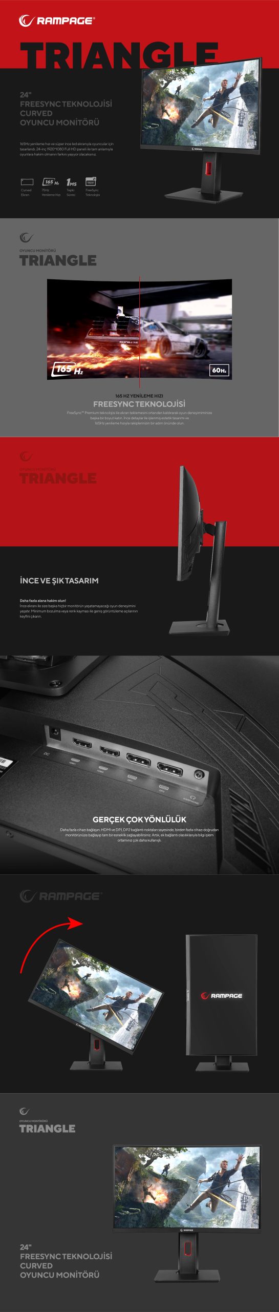 Rampage TRIANGLE TR24R165C 24 165Hz 1ms CSOT VA Full HD RGB Freesync HDR Pivot PC Curved Oyuncu Monitörü - Görsel 2