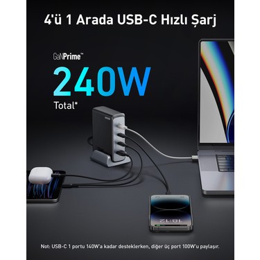 Anker Prime 749 240W 4 Port GaN Şarj Cihazı - USB-C Hızlı Telefon Tablet Macbook Masa Üstü Şarj Aleti + 240W Type-C Şarj Cihazı - Görsel 2